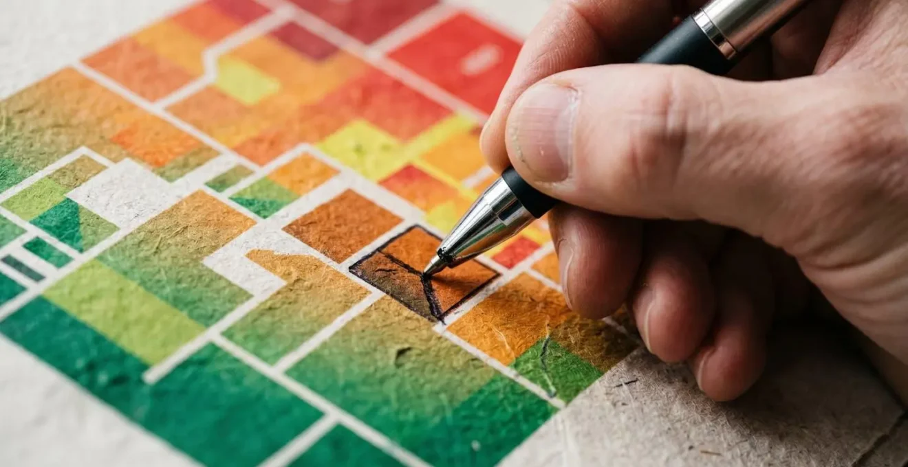 Gros plan sur une main traçant des annotations sur une matrice de risques imprimée avec code couleur