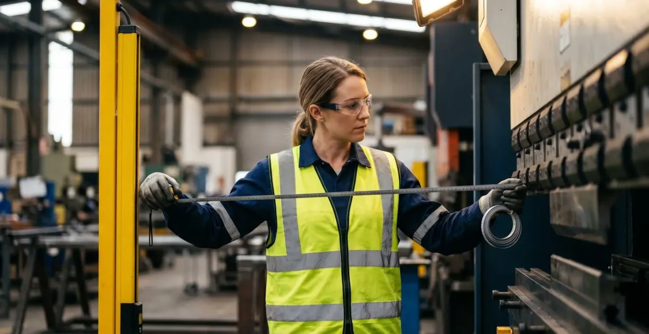 Technicien mesurant la distance entre une barrière immatérielle et une zone dangereuse dans un atelier industriel