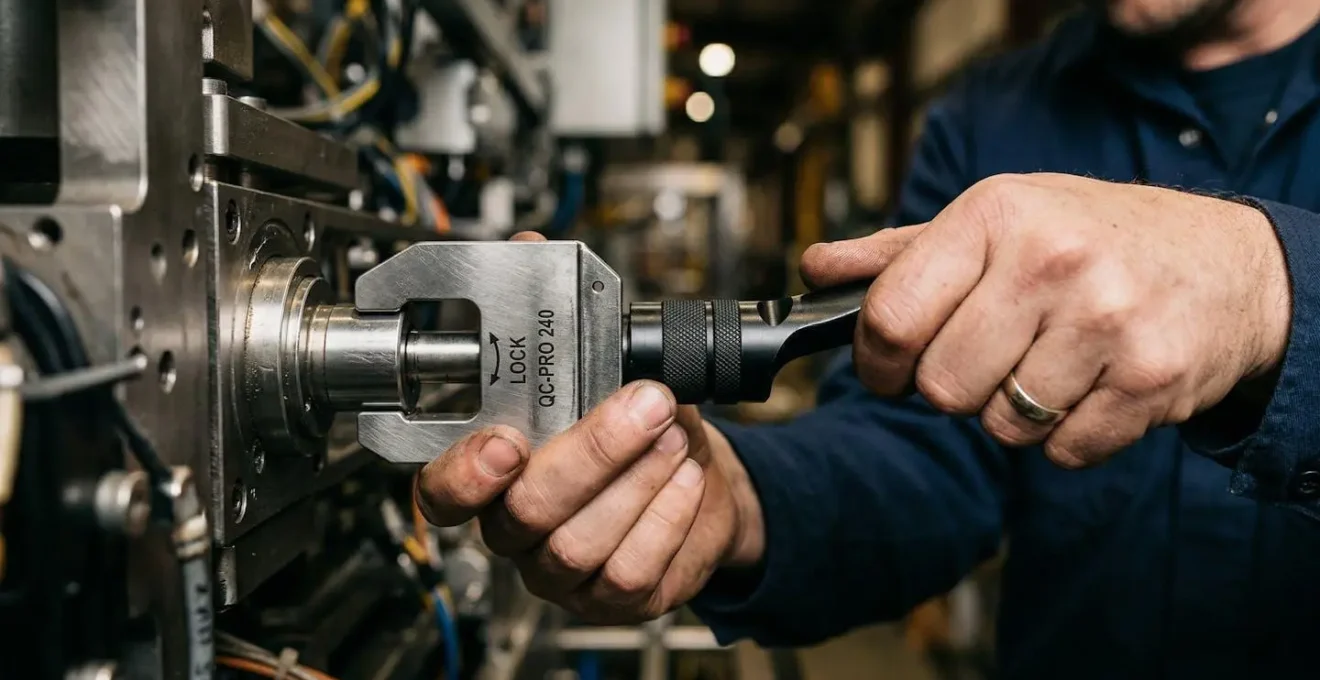 Gros plan macro sur des mains d'opérateur ajustant un système de fixation rapide sur une machine d'emballage