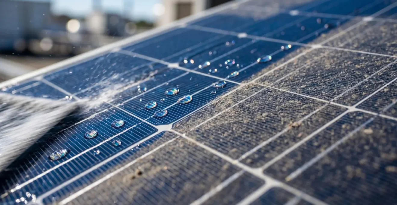 Détail macro de panneaux photovoltaïques industriels en cours de nettoyage professionnel
