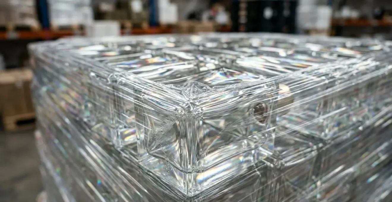 Palette de flacons de parfum de luxe sécurisée par un système de filmage à bras tournant