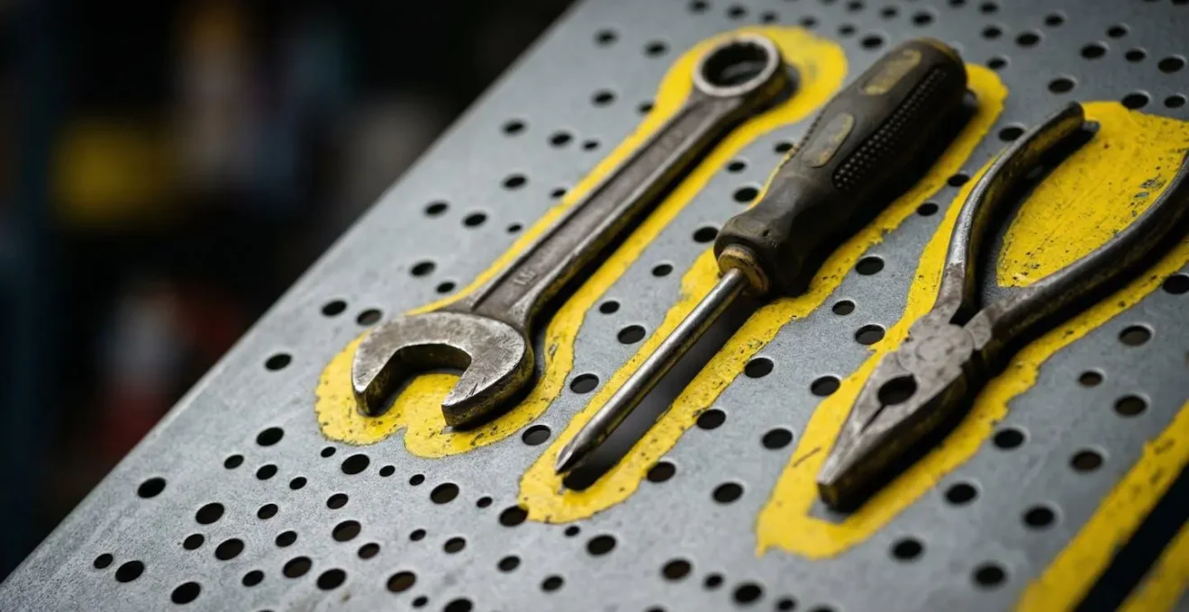 Gros plan macro sur un panneau d'ombres avec outils organisés et leurs silhouettes tracées