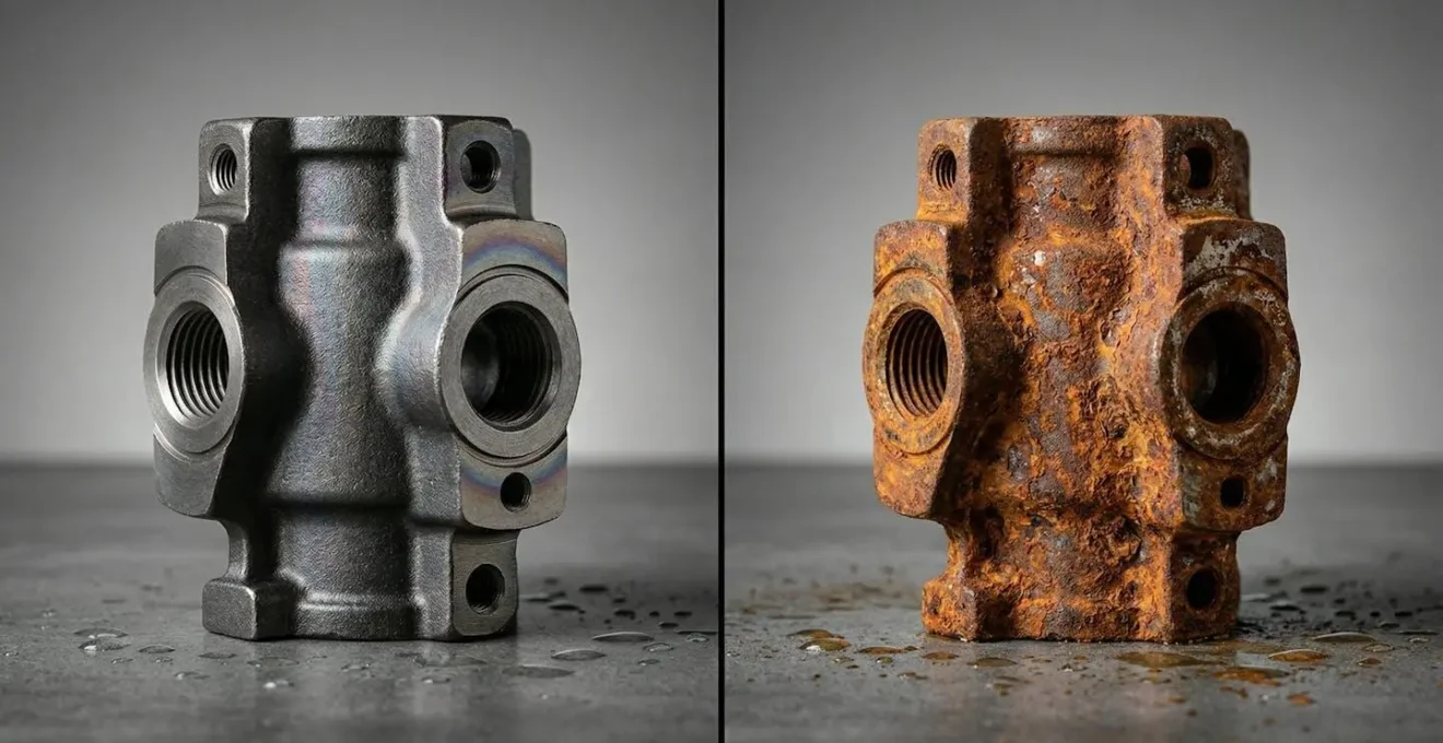 Comparaison de pièces en fonte avec et sans traitement anti-corrosion après lavage