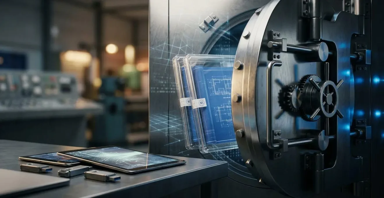 Système de protection numérique et physique des données techniques industrielles avec coffre-fort et éléments cryptographiques