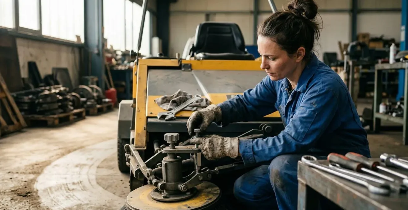 Détail du réglage de pression d'une brosse de balayeuse industrielle montrant la trace optimale sur sol béton