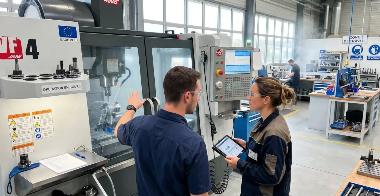 Un responsable HSE et un opérateur échangent devant une machine-outil en fonctionnement dans un atelier moderne, léger brouillard visible en arrière-plan
