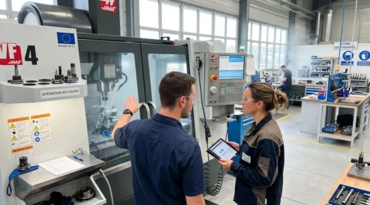 Un responsable HSE et un opérateur échangent devant une machine-outil en fonctionnement dans un atelier moderne, léger brouillard visible en arrière-plan