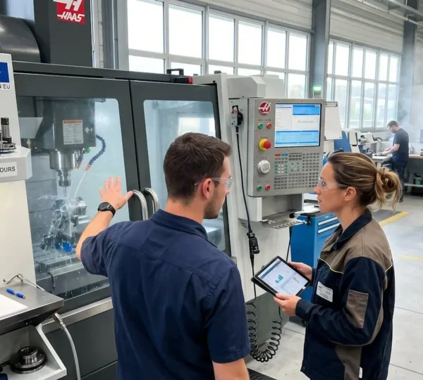 Un responsable HSE et un opérateur échangent devant une machine-outil en fonctionnement dans un atelier moderne, léger brouillard visible en arrière-plan