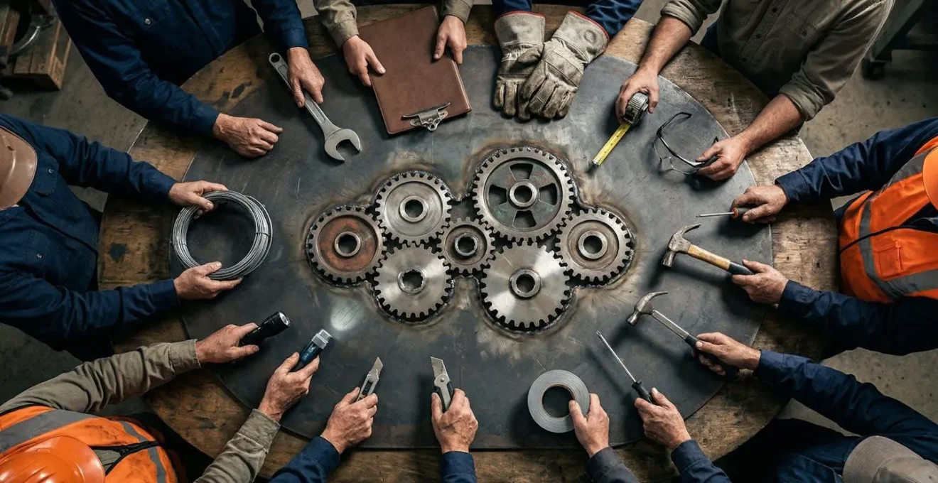 Opérateurs industriels en discussion collaborative autour d'une table