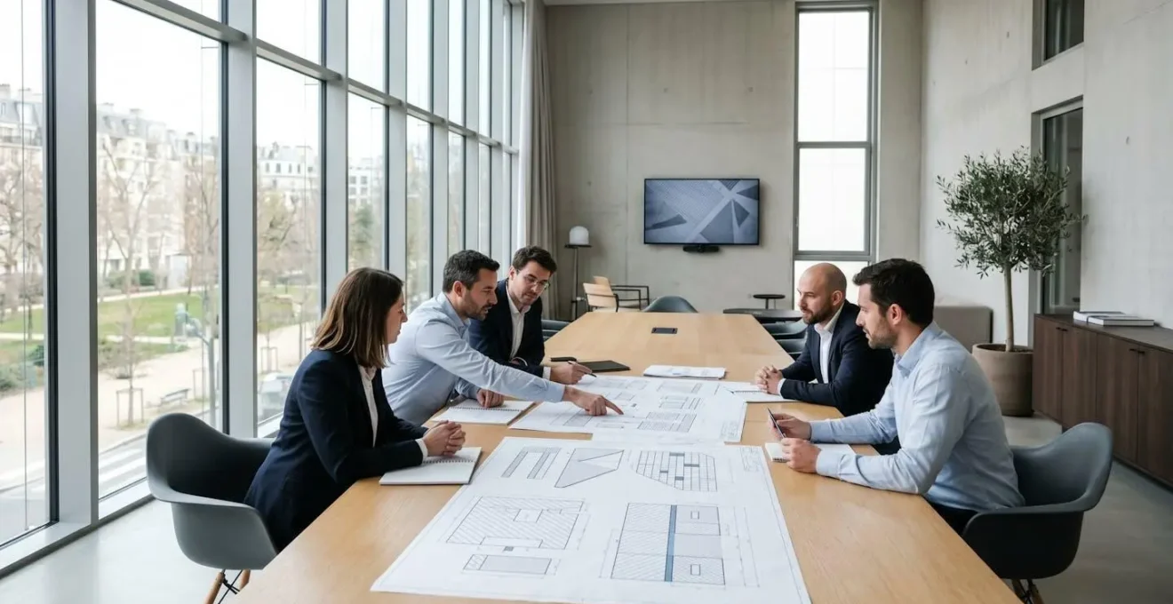 Vue large d'une salle de réunion avec ingénieurs examinant des plans techniques étalés sur une grande table