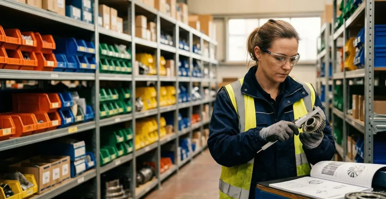 Rangée organisée de composants industriels standardisés dans un entrepôt moderne avec système de gestion visuelle