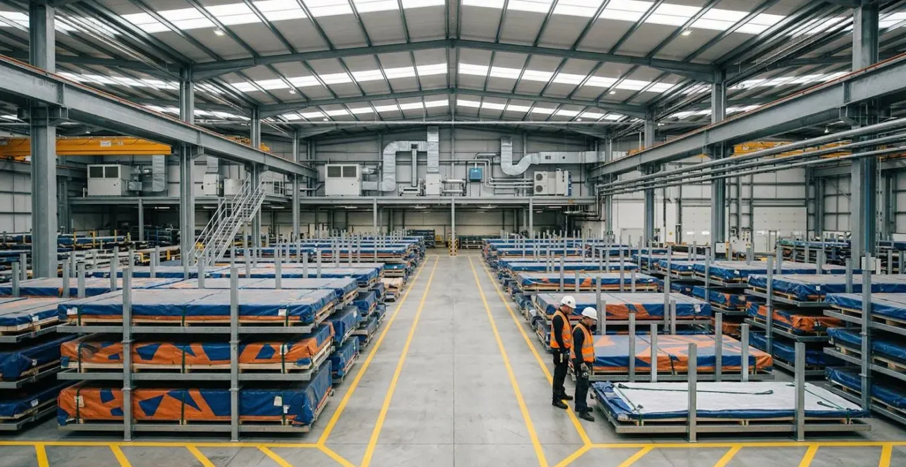 Entrepôt de stockage industriel moderne avec systèmes de protection climatique pour métaux