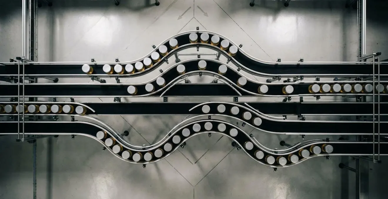 Vue aérienne minimaliste d'une ligne de production synchronisée avec flux de produits régulier