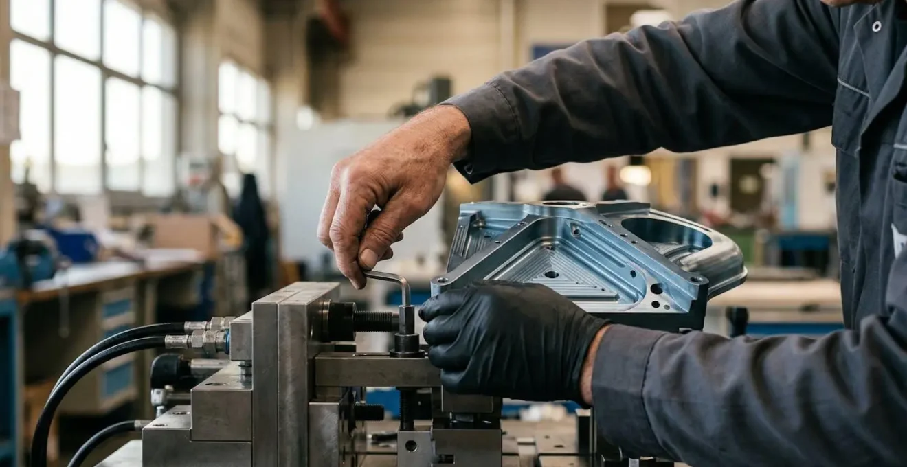 Système de bridage modulaire zéro-point maintenant une pièce aéronautique en titane avec indicateurs de couple