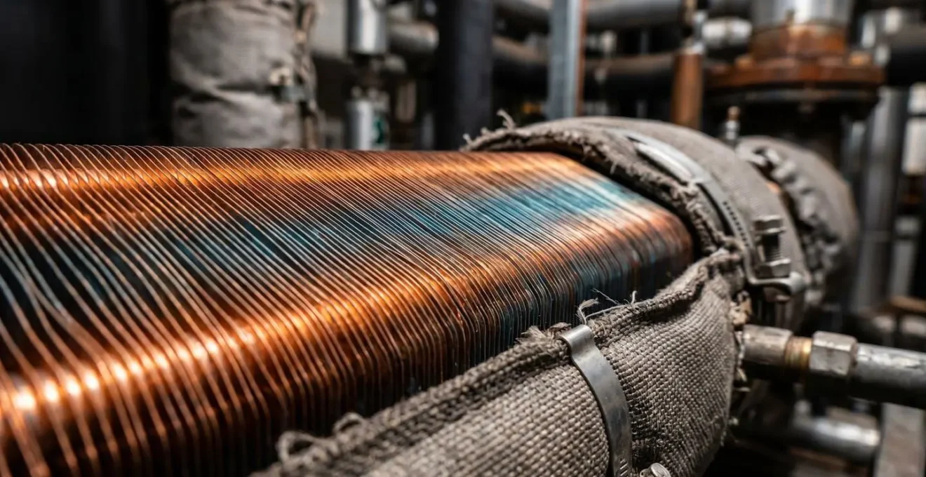 Gros plan sur système de récupération de chaleur installé sur un compresseur industriel