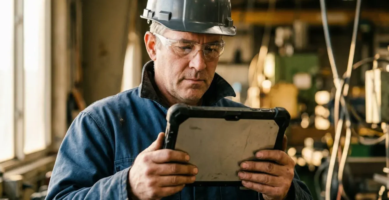 Opérateur utilisant une tablette durcie dans un environnement industriel avec équipements de production