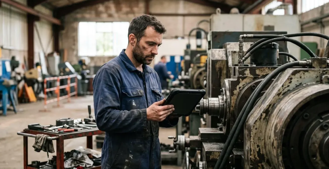 Technicien de maintenance analysant des données sur tablette devant une machine industrielle