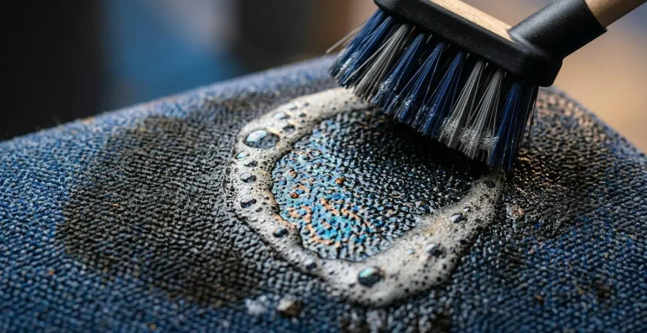 Gros plan macro sur le traitement d'une tache d'huile sur tissu de siège avec produit spécialisé