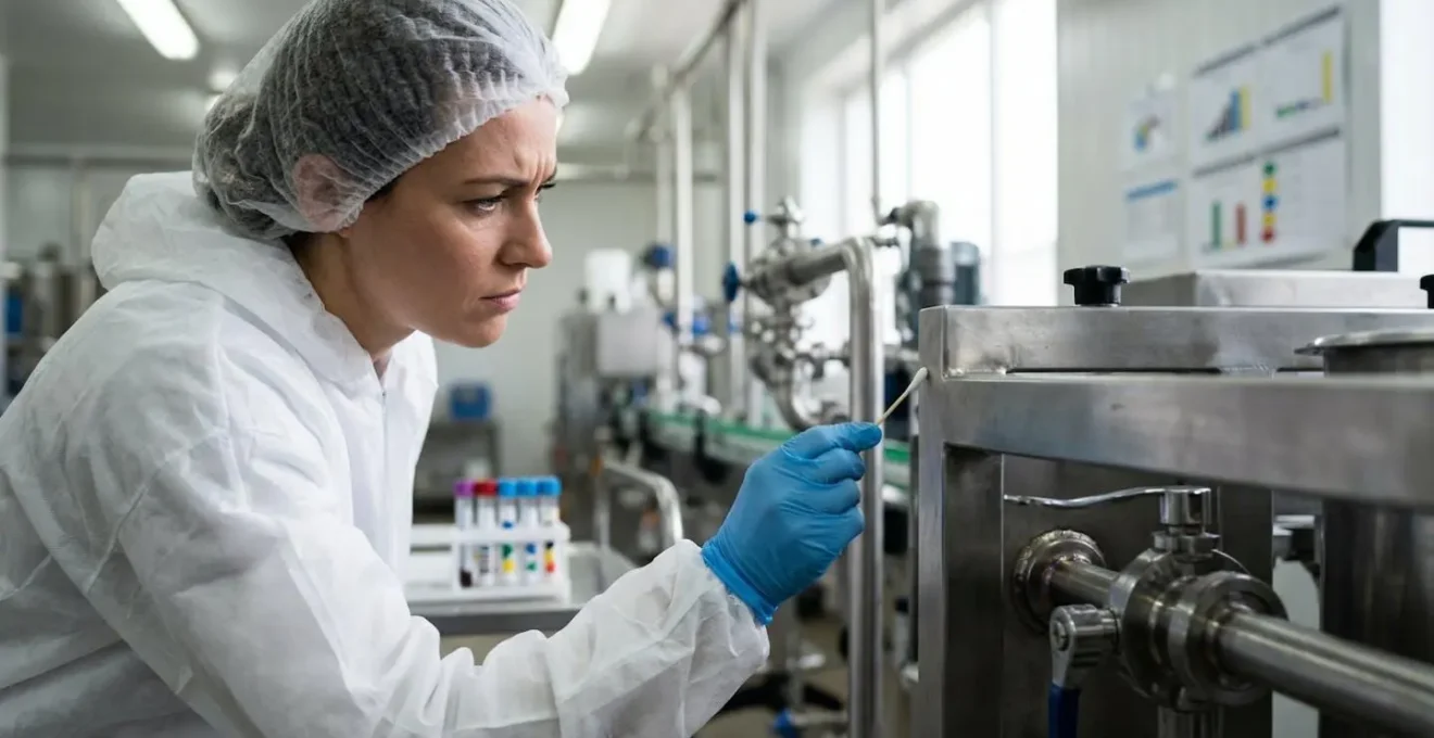 Technicien effectuant des prélèvements de surface sur une ligne de production