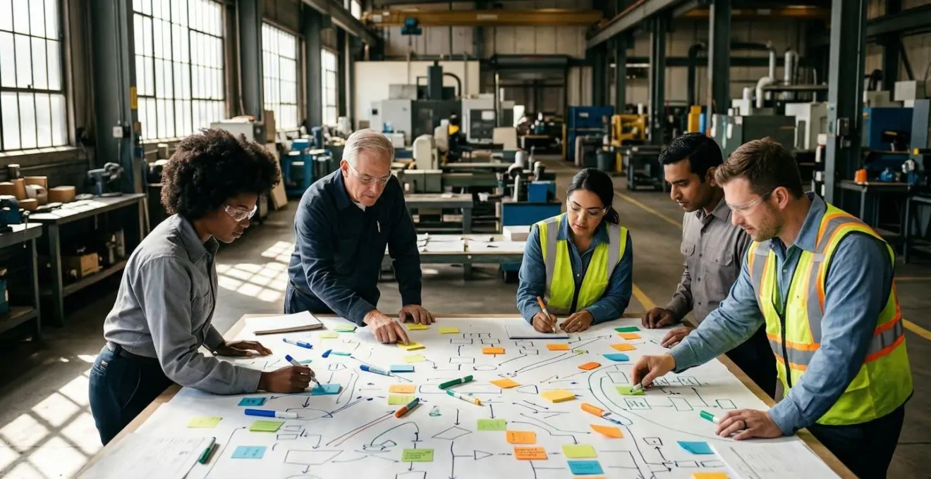 Équipe d'ingénieurs et opérateurs travaillant ensemble sur une cartographie VSM dans un atelier industriel