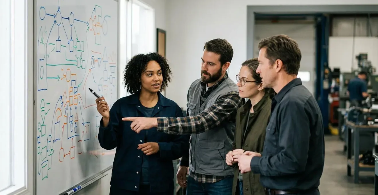 Équipe analysant une cartographie VSM sur un grand tableau dans un atelier