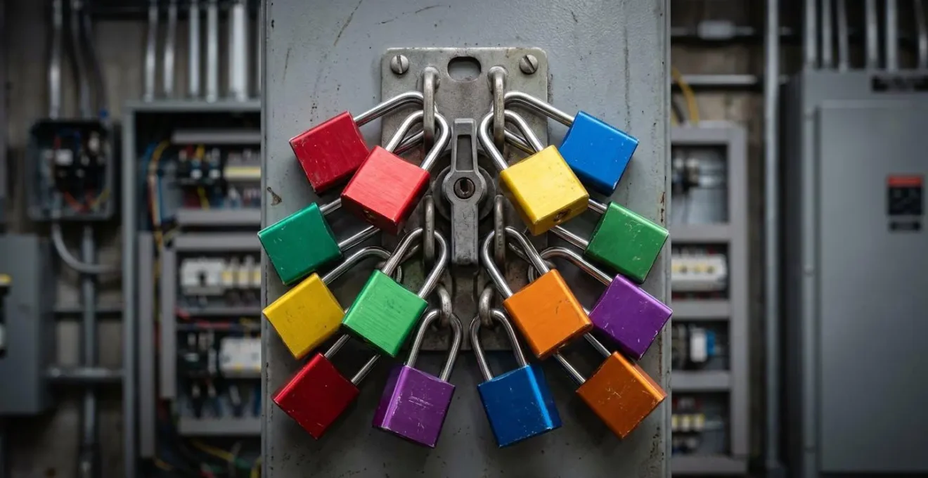 Système de consignation LOTO avec cadenas multiples sur un coffret électrique industriel