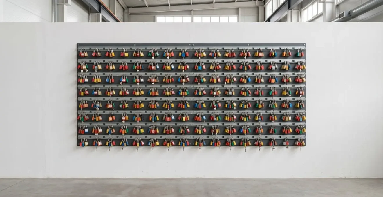 Vue d'ensemble d'un tableau de consignation LOTO avec multiples cadenas colorés organisés