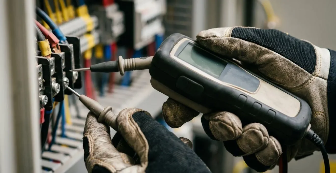Technicien utilisant un détecteur VAT sur une armoire électrique industrielle