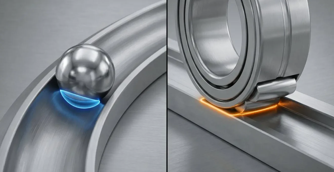 Schéma comparatif illustrant le contact ponctuel d'une bille et le contact linéaire d'un rouleau cylindrique sur une bague de roulement