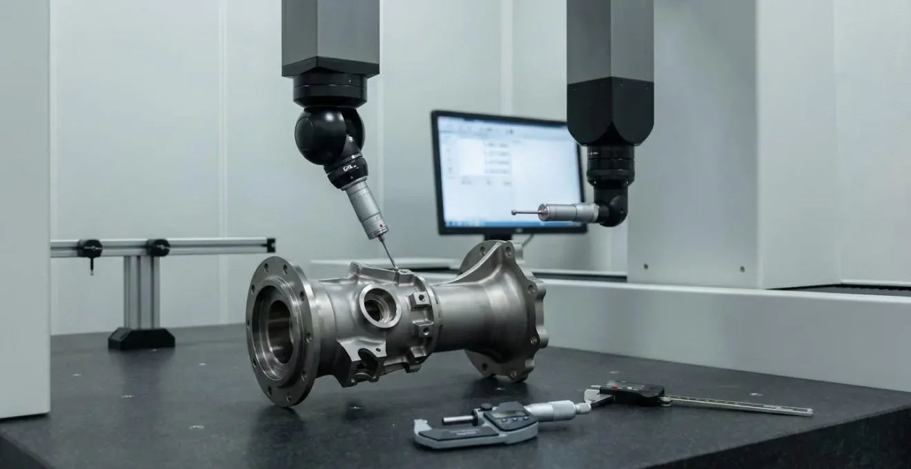 Pièce aéronautique de haute criticité en alliage titane sur table de métrologie 3D avec palpeur de mesure, en salle de contrôle qualité à température contrôlée.