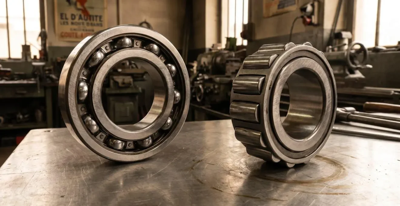 Comparaison côte à côte d'un roulement à billes et d'un roulement à rouleaux cylindriques sur un établi d'atelier industriel