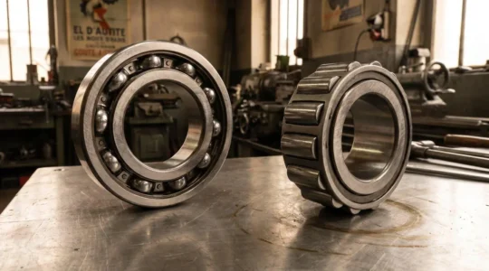 Comparaison côte à côte d'un roulement à billes et d'un roulement à rouleaux cylindriques sur un établi d'atelier industriel