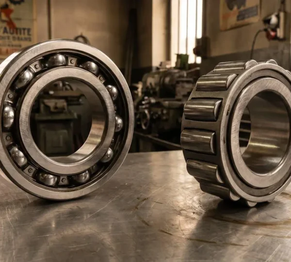 Comparaison côte à côte d'un roulement à billes et d'un roulement à rouleaux cylindriques sur un établi d'atelier industriel
