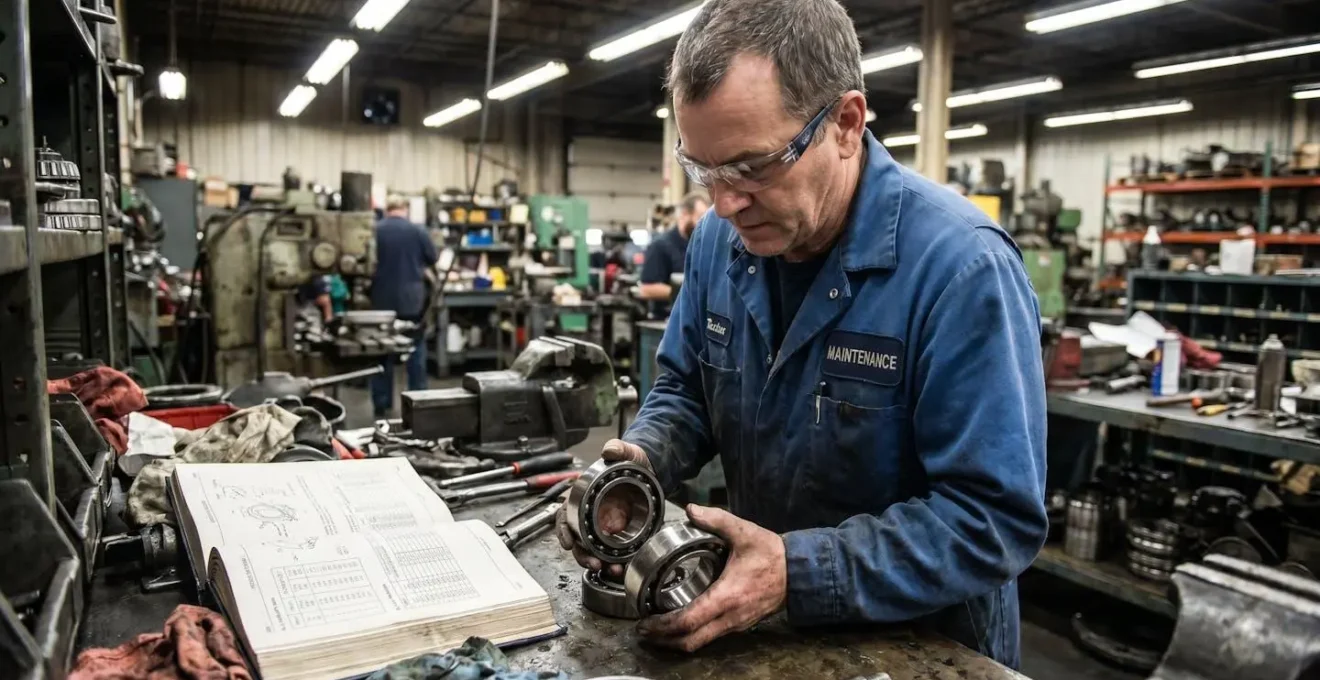 Technicien de maintenance industrielle comparant deux roulements dans un atelier, dossier technique ouvert sur l'établi