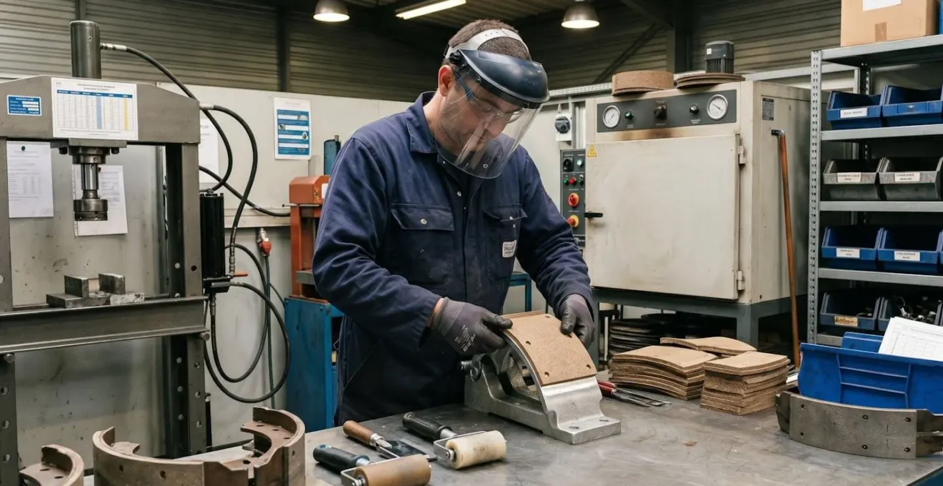 Technicien spécialisé appliquant une garniture de friction neuve sur un support métallique préparé dans un atelier de regarnissage professionnel équipé de presses et fours de polymérisation