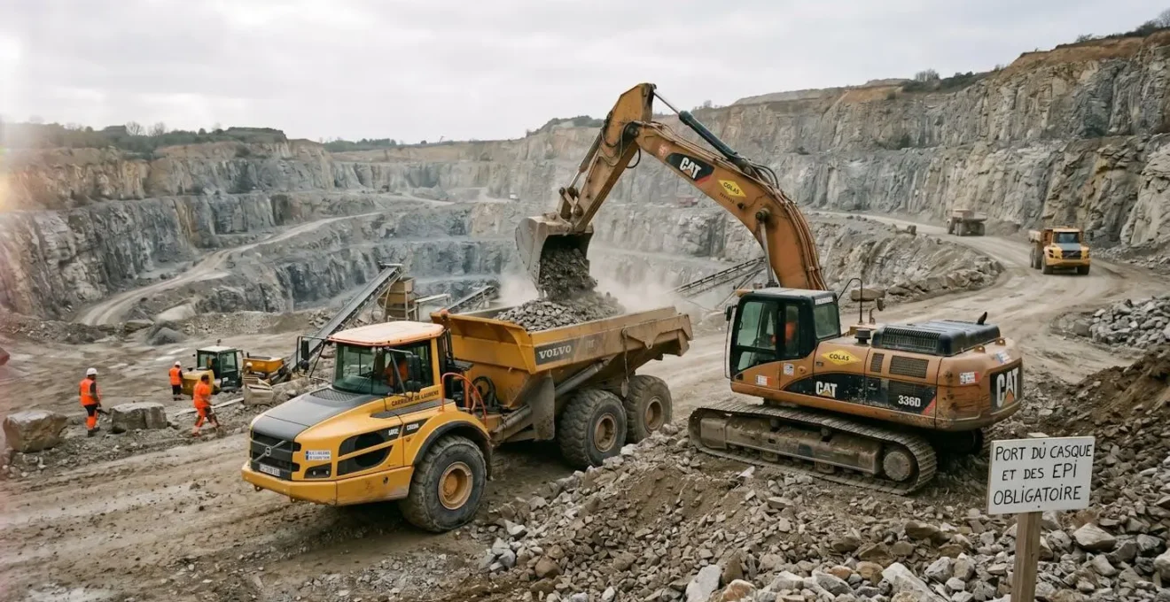 Tombereau articulé de carrière en exploitation sur site rocheux poussiéreux, illustrant les conditions d'usage intensif imposant un freinage sollicité et une usure accélérée des garnitures