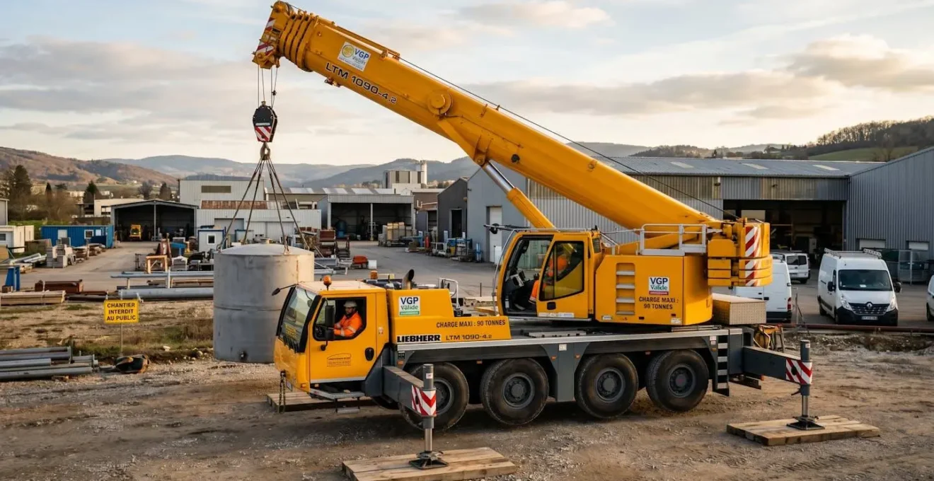 Grue mobile automotrice jaune avec flèche déployée et stabilisateurs au sol, levant une cuve métallique sur un chantier industriel