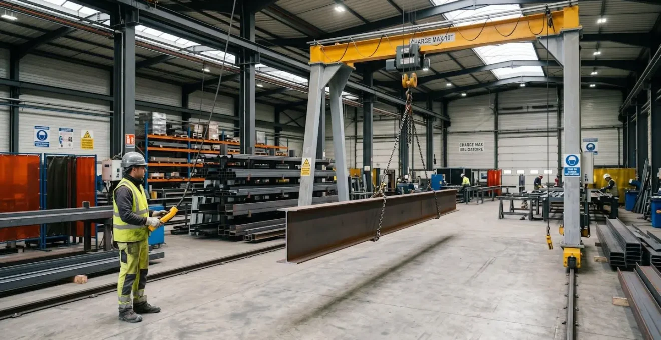 Portique de levage jaune sur rails transportant une poutre métallique dans un atelier de construction métallique, avec opérateur en tenue de sécurité actionnant les commandes