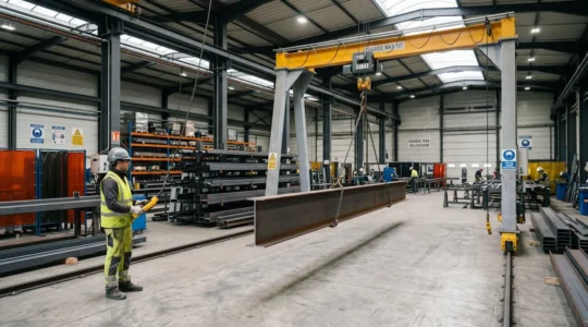 Portique de levage jaune sur rails transportant une poutre métallique dans un atelier de construction métallique, avec opérateur en tenue de sécurité actionnant les commandes