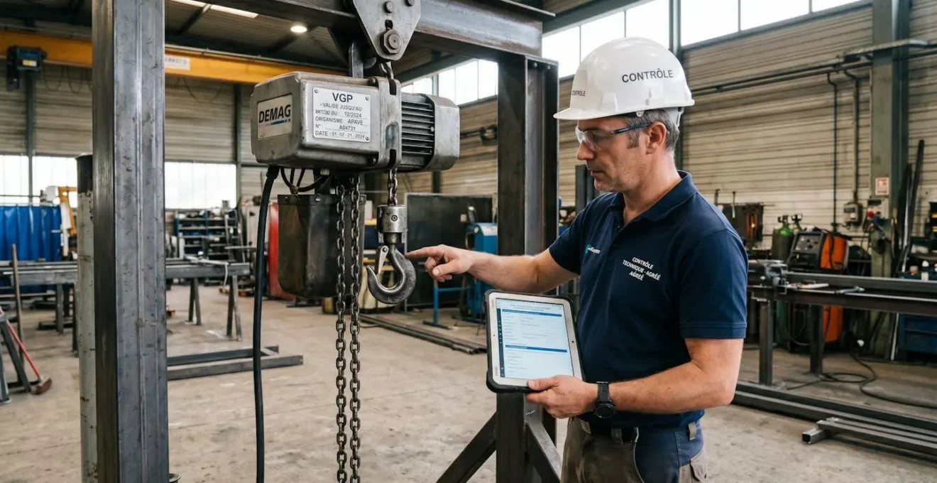 Technicien d'organisme de contrôle agréé inspectant un palan électrique avec tablette numérique pour enregistrement du rapport VGP
