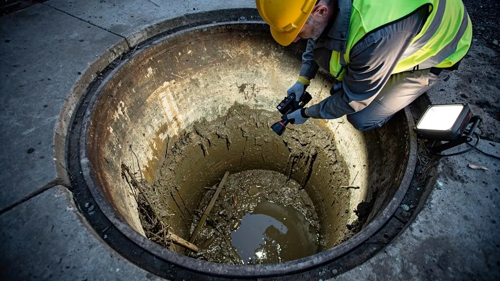 Technicien inspectant l'intérieur d'un regard d'assainissement montrant l'accumulation de dépôts et sédiments dans la canalisation