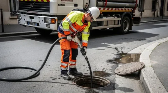 Technicien d'assainissement manipulant un flexible d'hydrocurage lors d'une intervention de curage sur un réseau d'eaux usées en milieu urbain