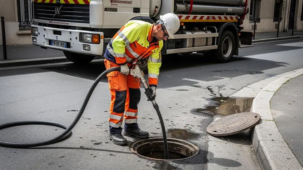 Technicien d'assainissement manipulant un flexible d'hydrocurage lors d'une intervention de curage sur un réseau d'eaux usées en milieu urbain