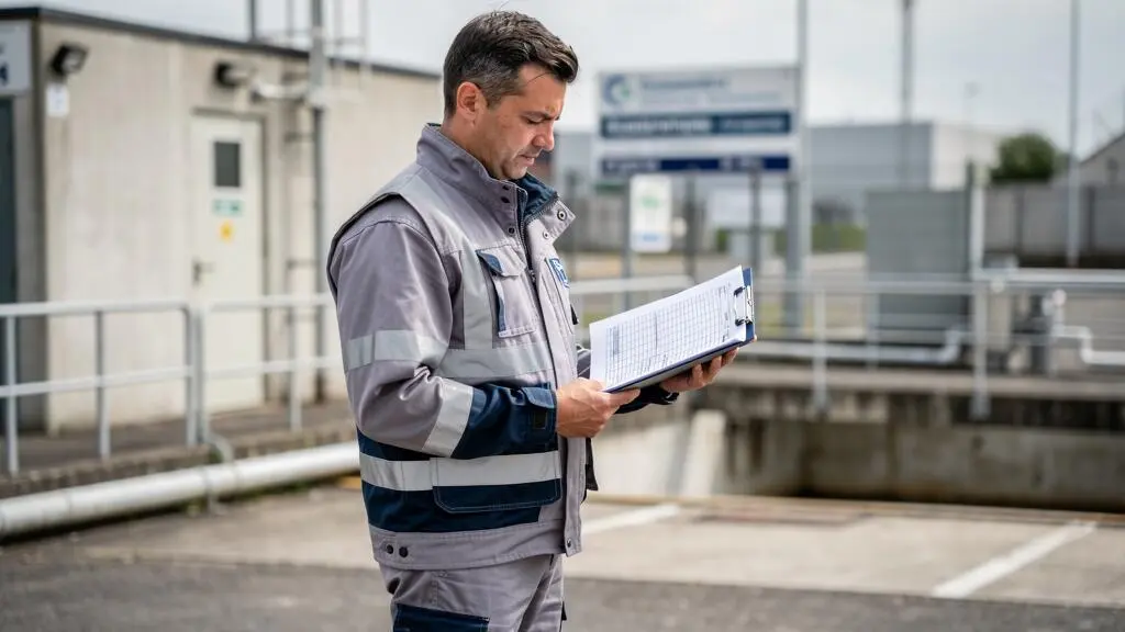 Responsable maintenance consultant un rapport technique d'inspection sur site pour analyser la stratégie d'intervention sur les réseaux d'assainissement