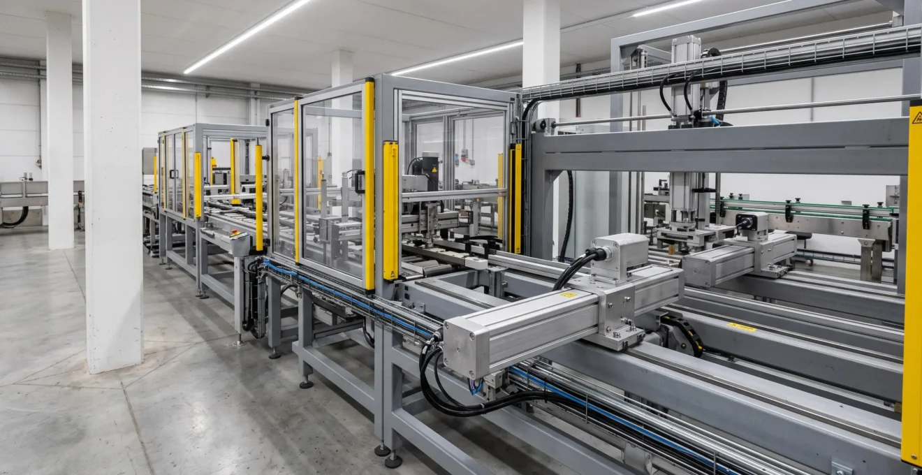 Vue d'ensemble d'une ligne de production automatisée intégrant plusieurs actionneurs électromagnétiques linéaires et rotatifs dans un système de packaging industriel