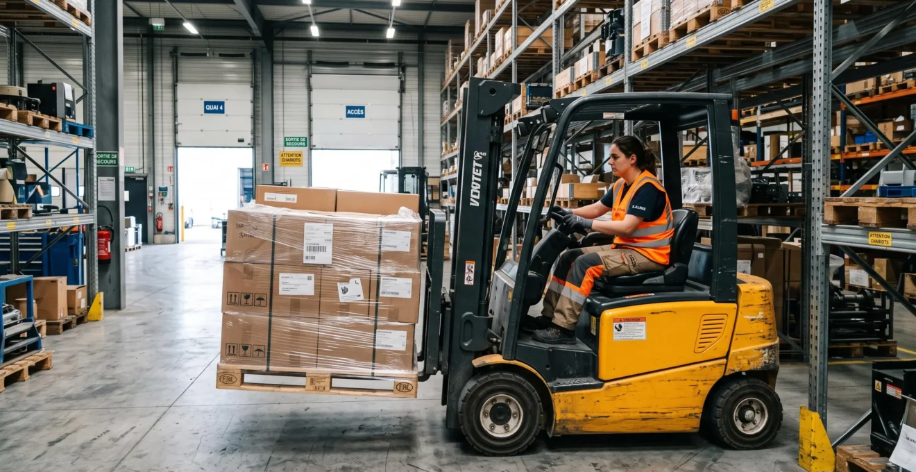 Opérateur de chariot élévateur manipulant une palette dans un entrepôt logistique moderne