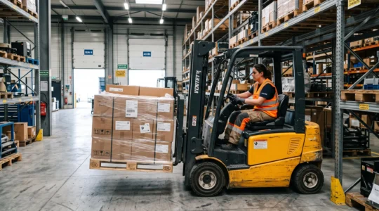Opérateur de chariot élévateur manipulant une palette dans un entrepôt logistique moderne