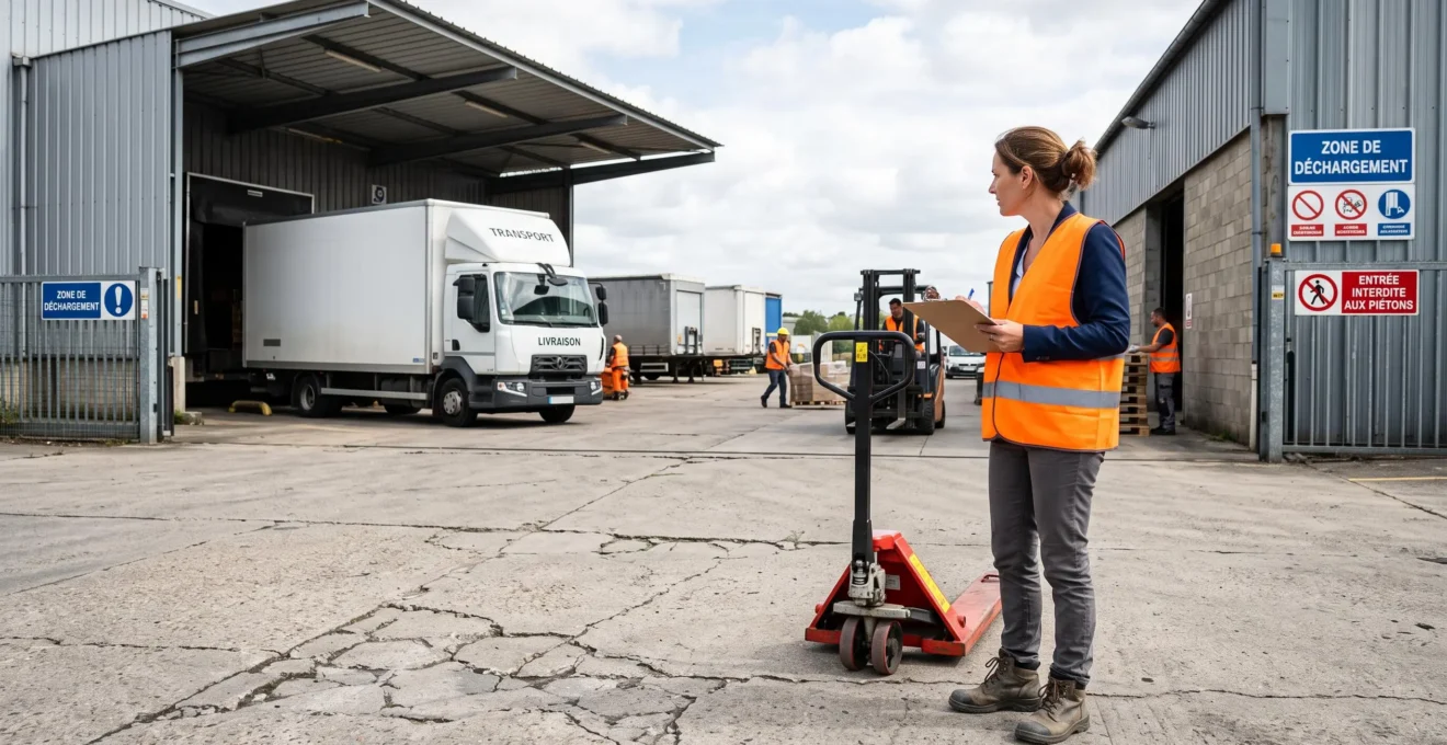 Responsable logistique évaluant les opérations et le matériel de manutention sur un site industriel