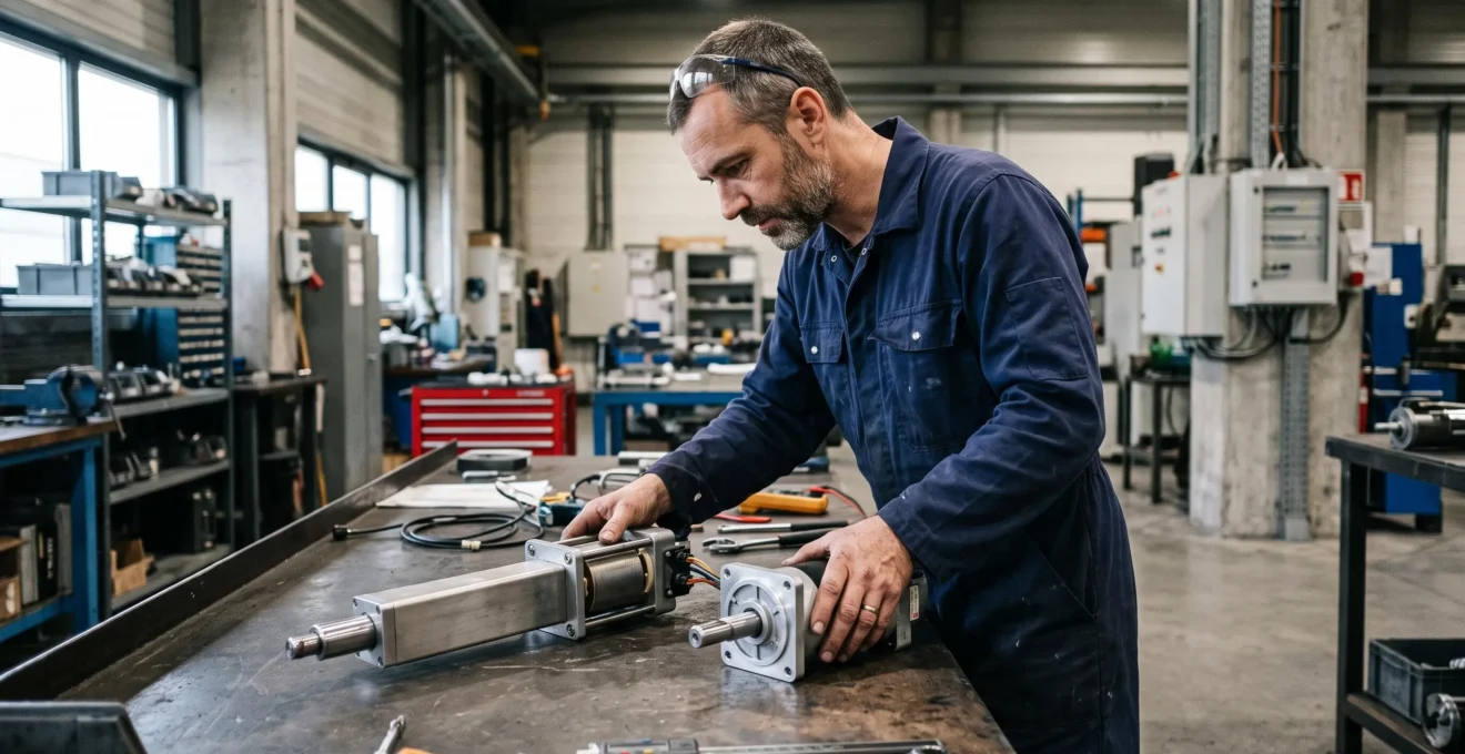 Technicien industriel inspectant et comparant des actionneurs électromagnétiques linéaires et rotatifs sur un établi dans un atelier français