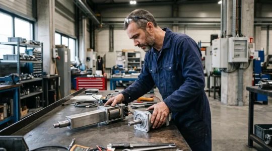 Technicien industriel inspectant et comparant des actionneurs électromagnétiques linéaires et rotatifs sur un établi dans un atelier français